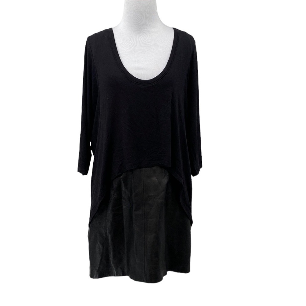 Kova & T Blouson Dress Womens Sz 4 Black Cotton Leather Skirt Batwing Scoop Mini